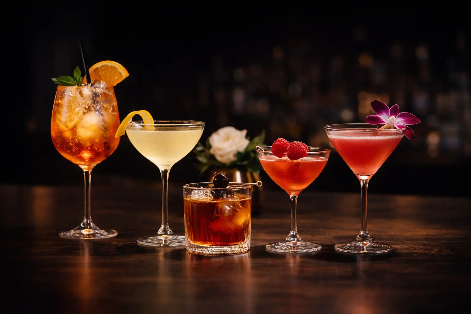 A selection of five signature cocktails at the bar