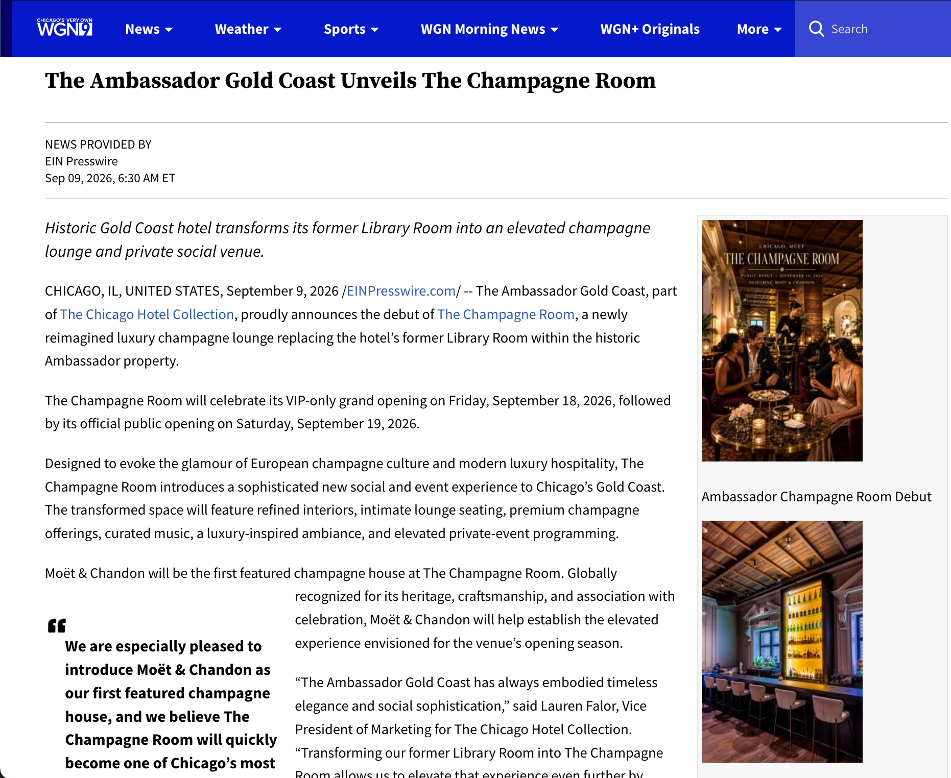 WGN9 page showing The Ambassador Gold Coast Unveils The Champagne Room press release