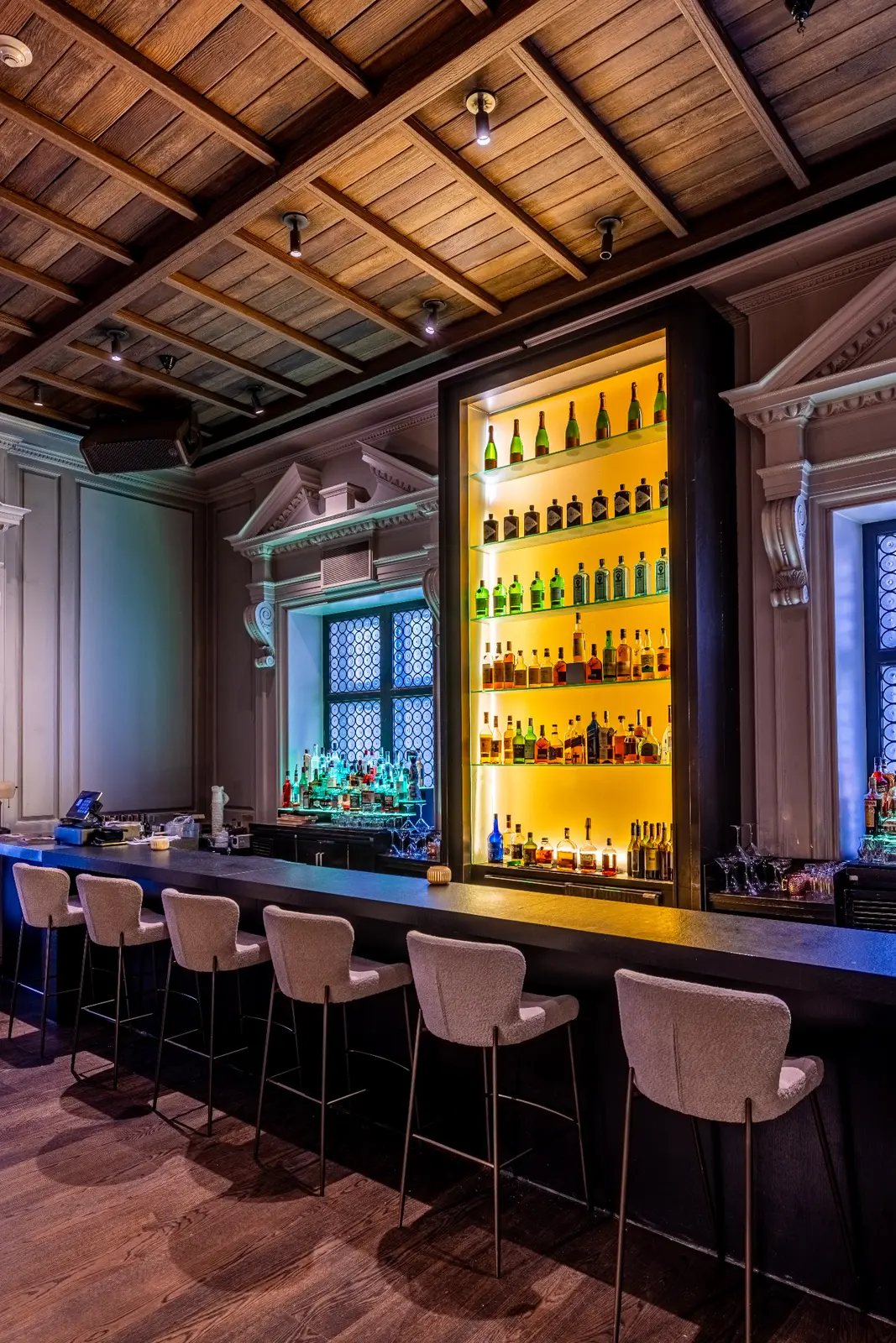 Illuminated bar inside the Champagne Room